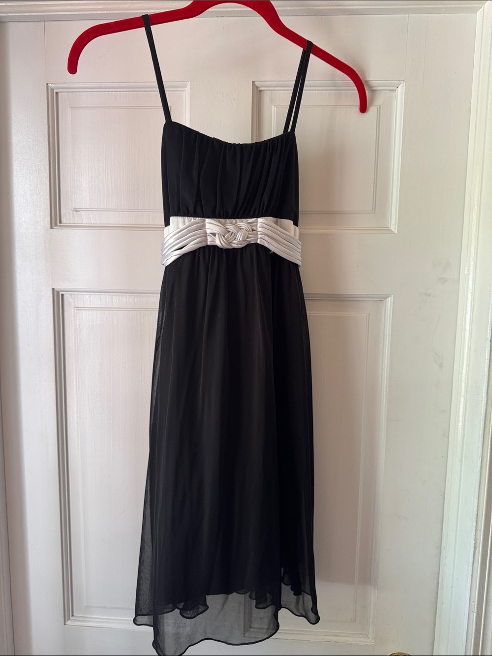 Girls Black Spaghetti-Strap Dress with Ivory Waist Detail